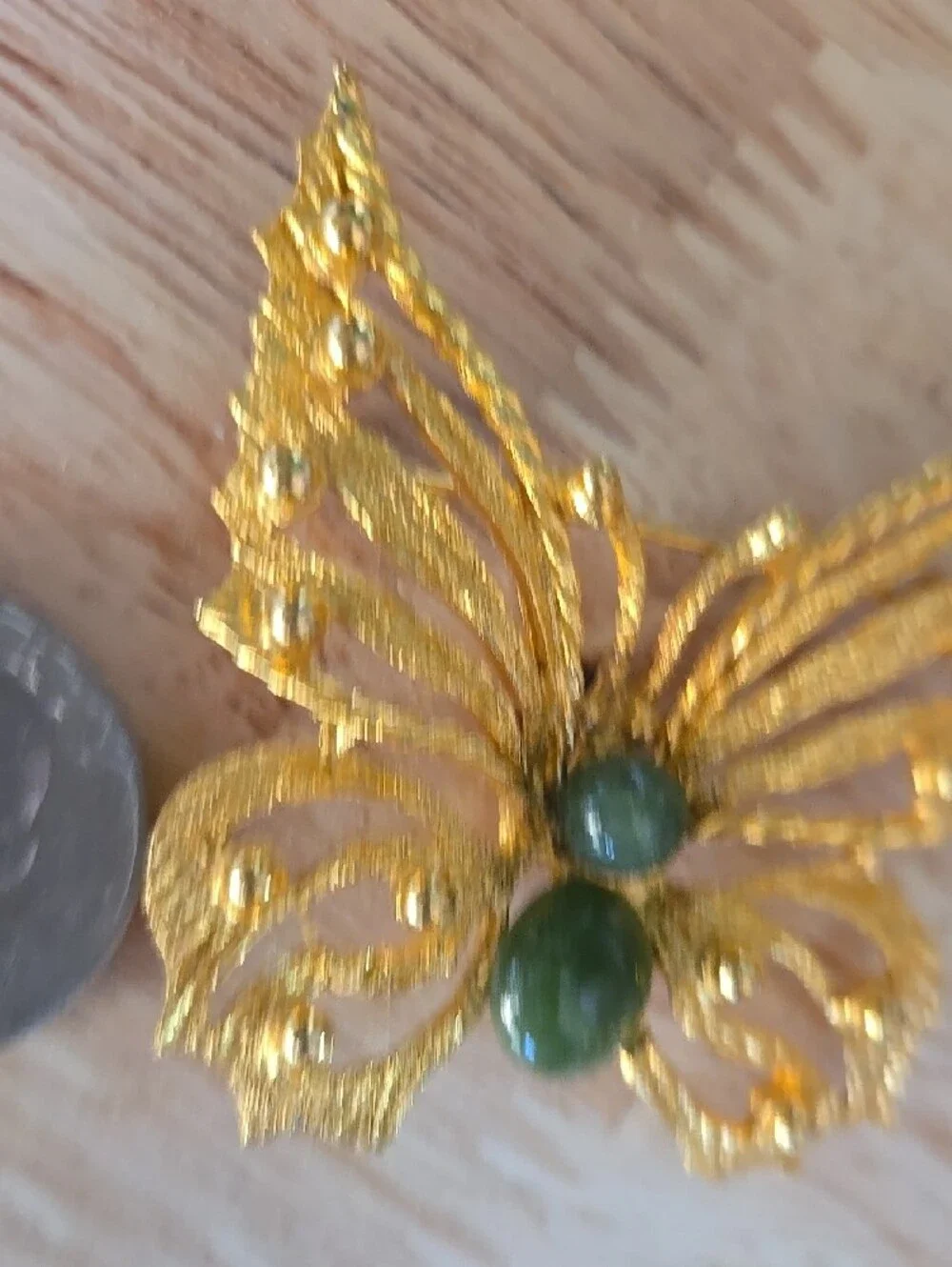 Gold-Tone Butterfly Brooch with Green Jade Accents